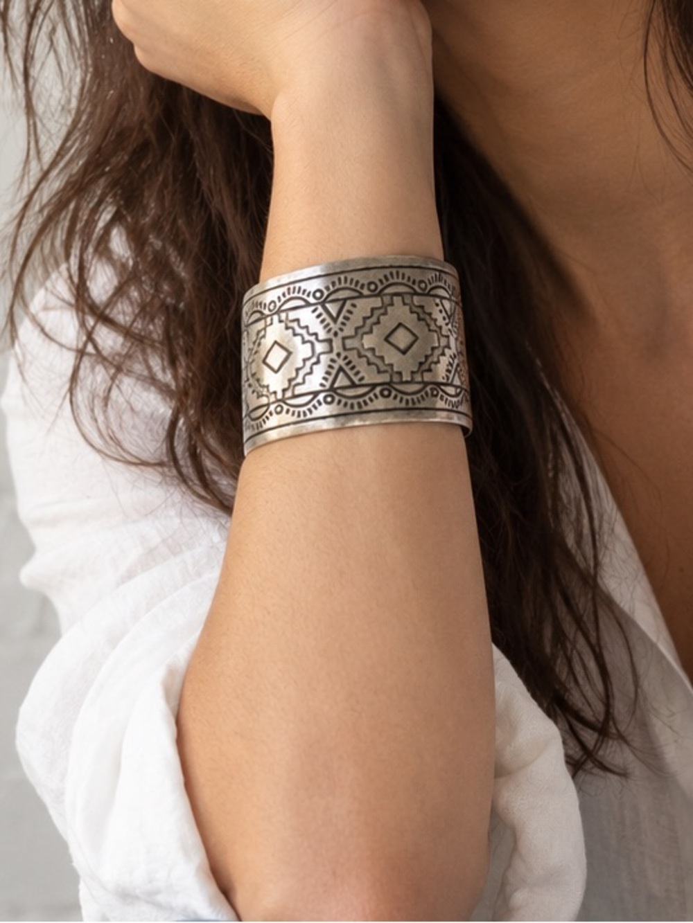 North African Style Engraved Geometric Wide Cuff Bracelet
